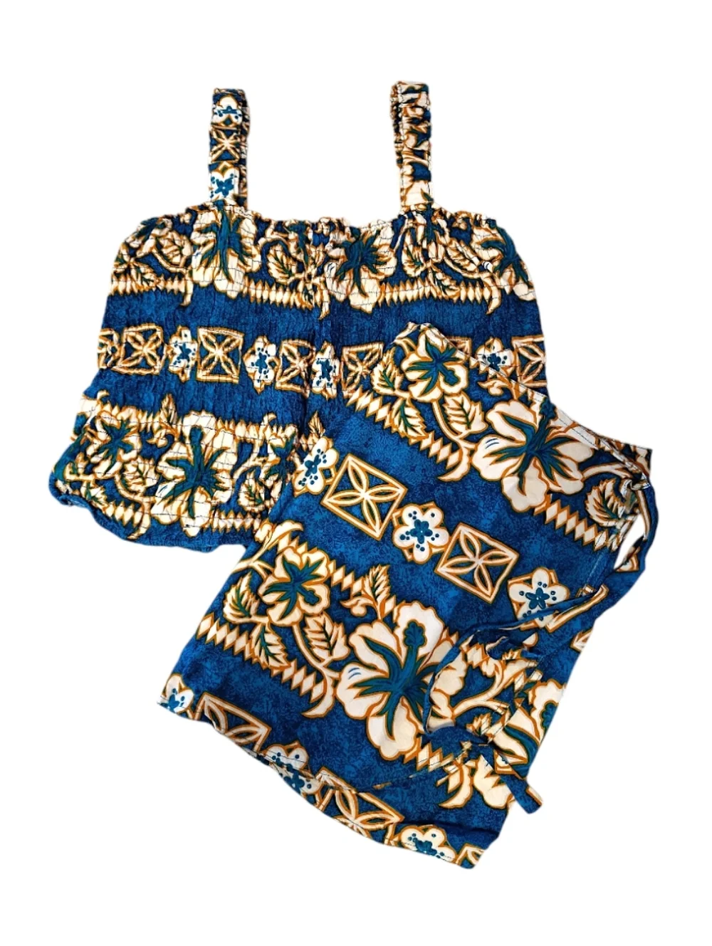 VTG Blue Gold Hawaiian Two Piece Top & Wrap Skirt‎ Cover Up Swim Set *One Size